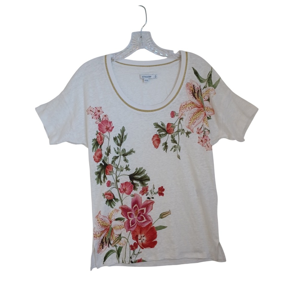 Chicos White Linen Floral Print Top Gold Trim Scoop Neck Short Sleeve Size 0‎ S
